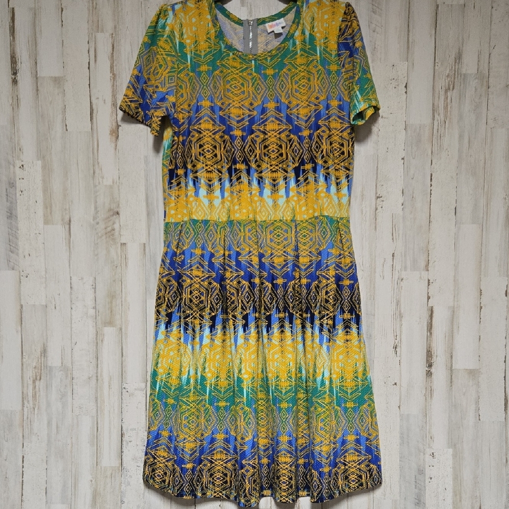 LuLaRoe Yellow and Blue Midi Amelia
